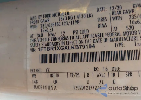 2020 Ford Transit-250 из США, поврежденный, VIN 1FTBR1XGXLKB79194